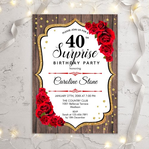 Surprise 40th Birthday _ Rustic Wood Red Roses Invitation
