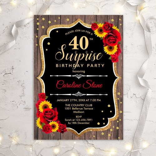 Surprise 40th Birthday _ Rustic Wood Sunflowers Invitation