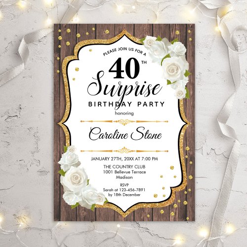 Surprise 40th Birthday _ Rustic Wood White Roses Invitation