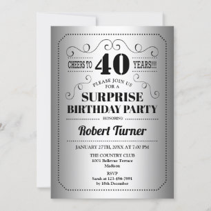 Surprise 40th Birthday - Silver Black Invitation