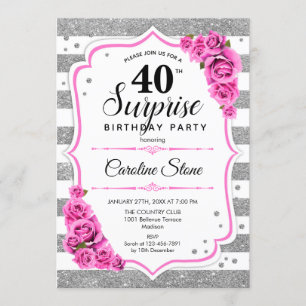 Surprise 40th Birthday - Silver White Pink Invitation