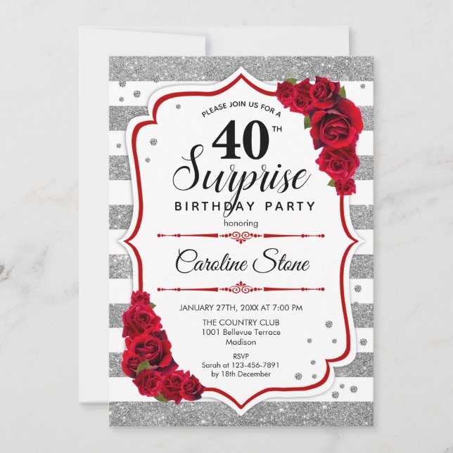 Surprise 40th Birthday - Silver White Red Invitation (Front)
