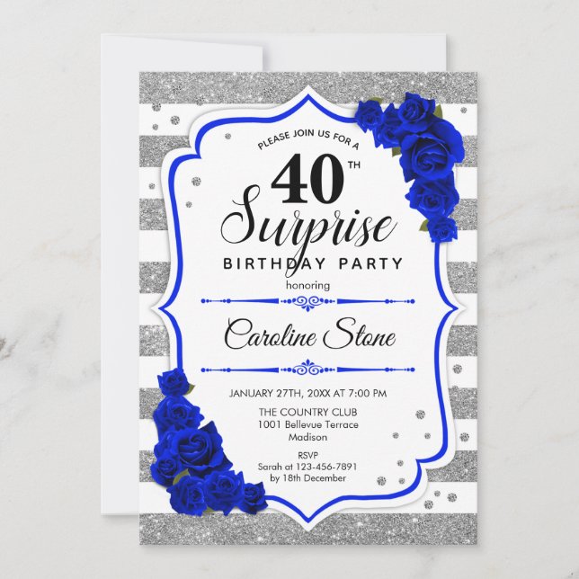 Surprise 40th Birthday - Silver White Royal Blue Invitation (Front)