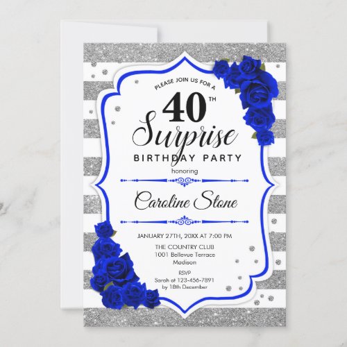 Surprise 40th Birthday _ Silver White Royal Blue Invitation