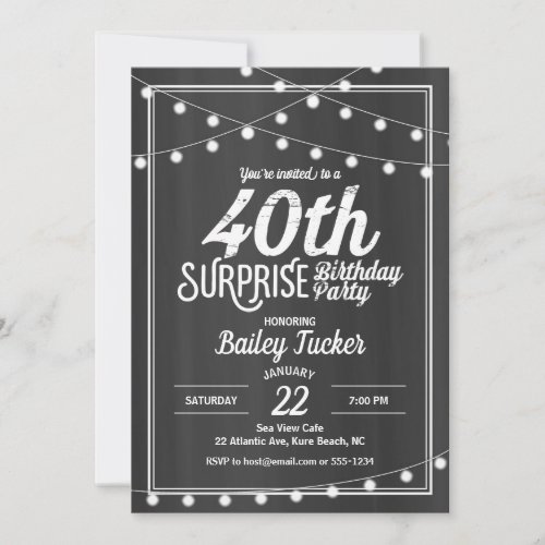 Surprise 40th Birthday String Lights Chalkboard Invitation