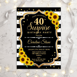 Surprise 40th Birthday - Sunflowers Black Gold Invitation