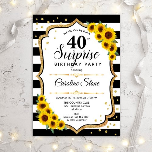 Surprise 40th Birthday _ Sunflowers Black White Invitation