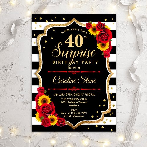 Surprise 40th Birthday _ Sunflowers Red Roses Invitation