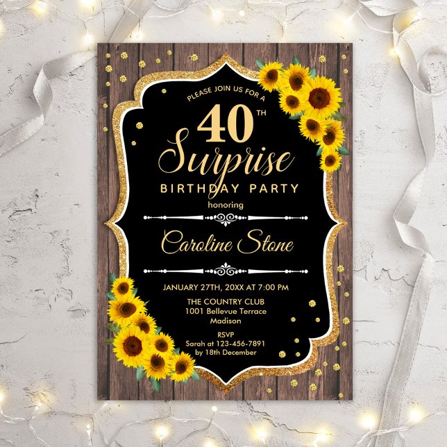Surprise 40th Birthday - Sunflowers Rustic Wood Invitation (Creator Uploaded)