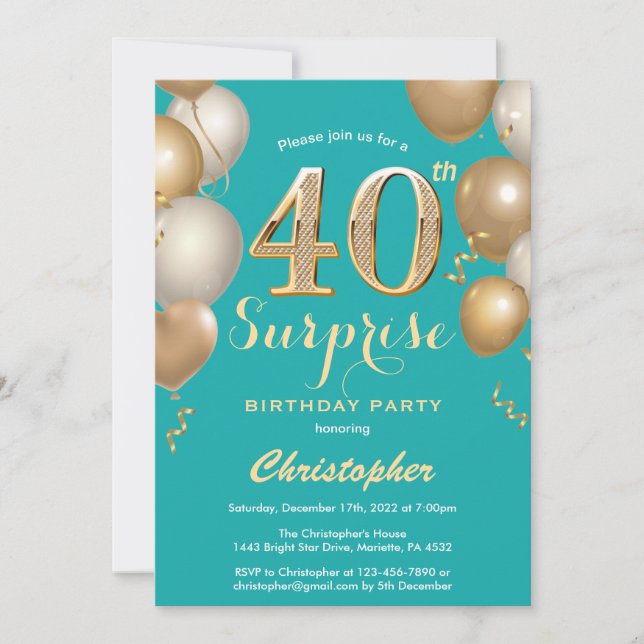 Surprise 40th Birthday Teal and Gold Balloons Invitation (Front)