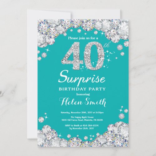 Surprise 40th Birthday Teal and Silver Diamond