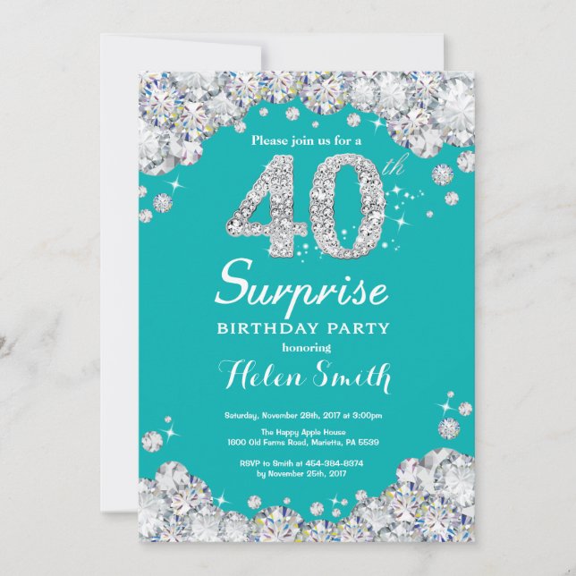 Surprise 40th Birthday Teal and Silver Diamond Invitation (Front)
