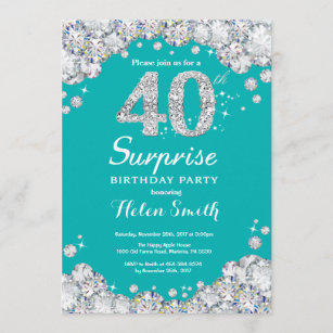 Surprise 40th Birthday Teal and Silver Diamond Invitation