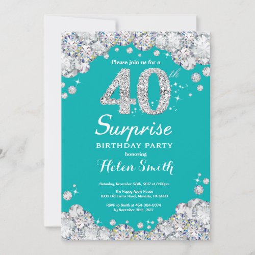 Surprise 40th Birthday Teal and Silver Diamond Invitation