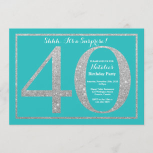 Surprise 40th Birthday Teal and Silver Glitter Invitation