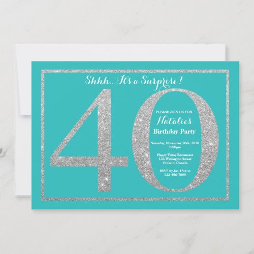 Surprise 40th Birthday Teal and Silver Glitter Invitation