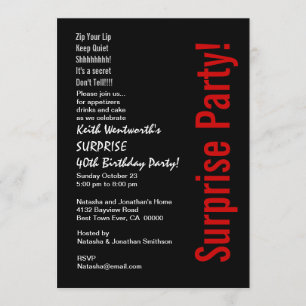 SURPRISE 40th Birthday Trendy Black White Red Invitation
