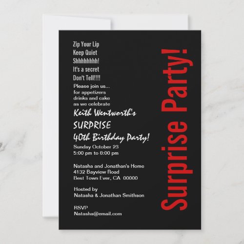 SURPRISE 40th Birthday Trendy Black White Red Invitation