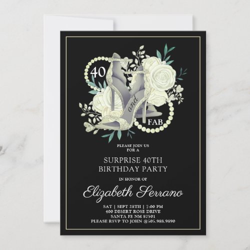 Surprise 40th Birthday White Black Glitter  Invitation