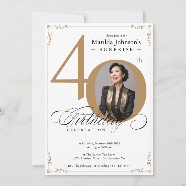 Surprise 40th Birthday White Gold Elegant Custom Invitation (Front)