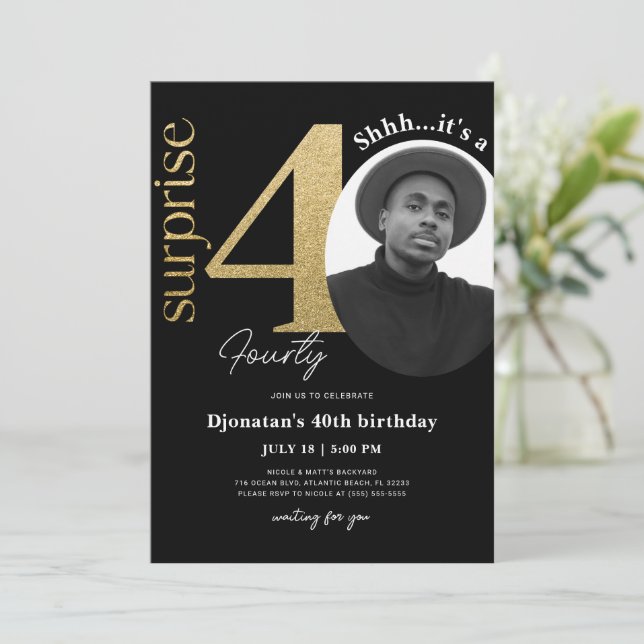 Surprise 40th Black Gold Birthday Invitation Photo (Standing Front)