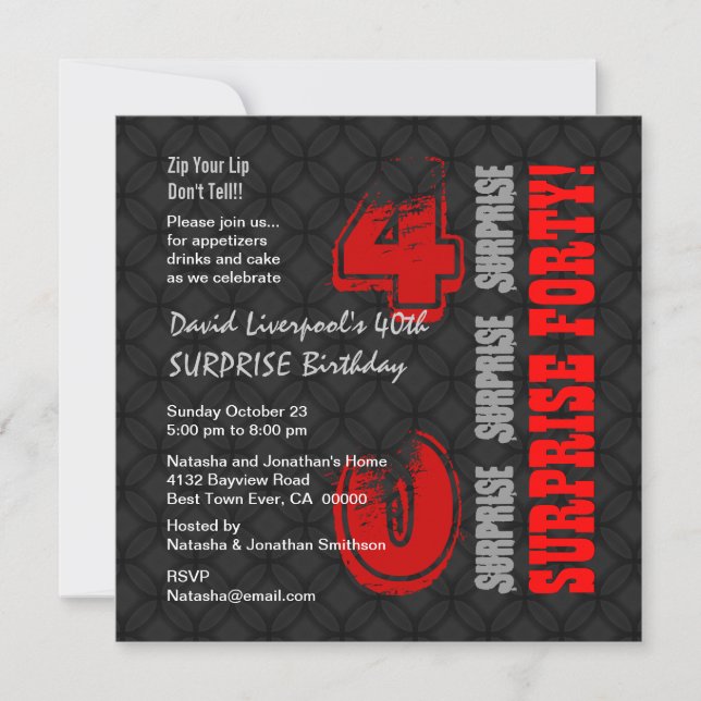 SURPRISE 40th Modern Birthday Black Red W588 Invitation (Front)