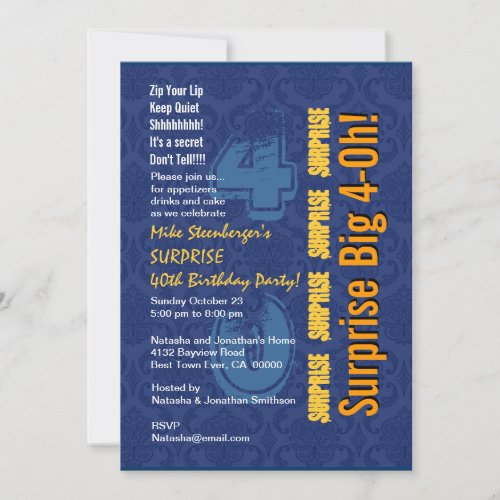 SURPRISE 40th Modern Birthday Blue and Gold R431 Custom Invitation