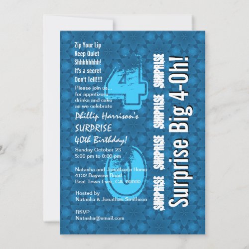SURPRISE 40th Modern Birthday Blue and White V26 Personalized Invite