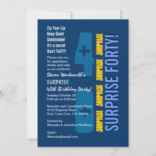 SURPRISE 40th Modern Birthday Blue Gold Template Invitations