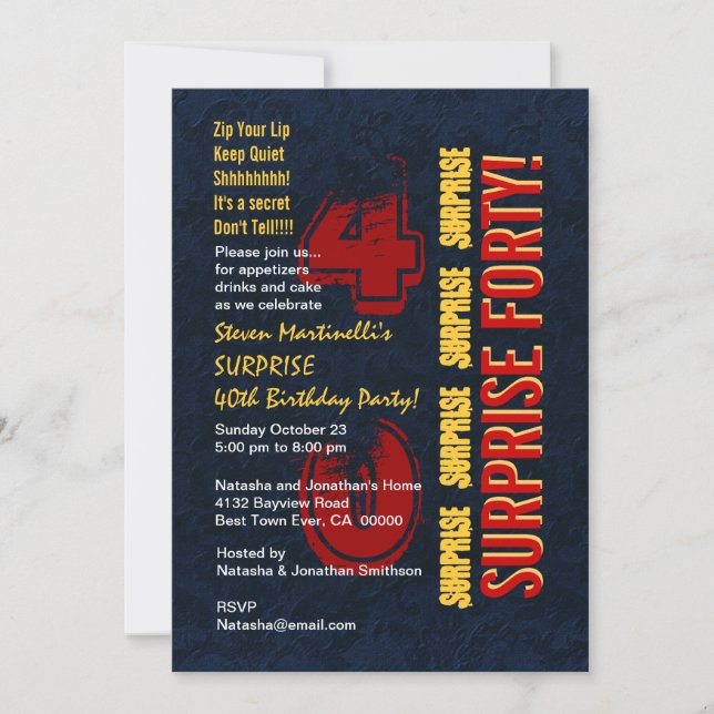 SURPRISE 40th Modern Birthday Red Gold Blue Invitation (Front)