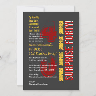 SURPRISE 40th Modern Birthday Red Gold Gray Invitation
