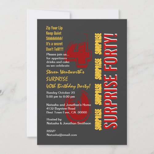 SURPRISE 40th Modern Birthday Red Gold Gray Personalized Invites