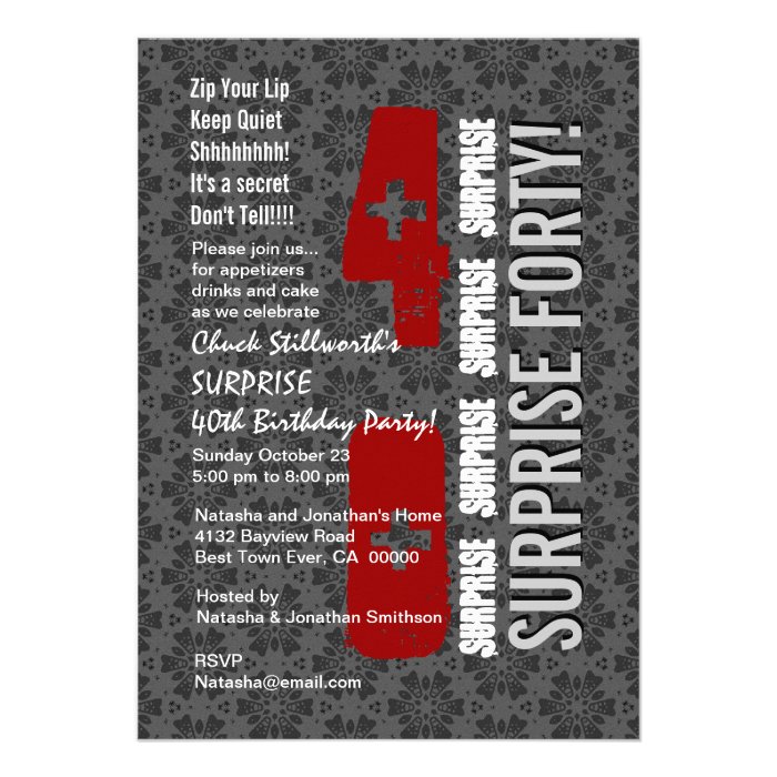 SURPRISE 40th Modern Birthday Silver Stars H300 Personalized Invitation