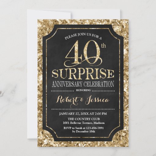 Surprise 40th Wedding Anniversary - Black Gold Invitation | Zazzle