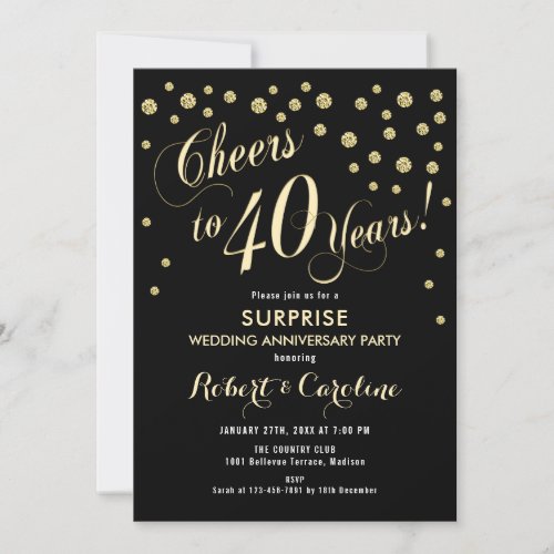 Surprise 40th Wedding Anniversary _ Black  Gold Invitation