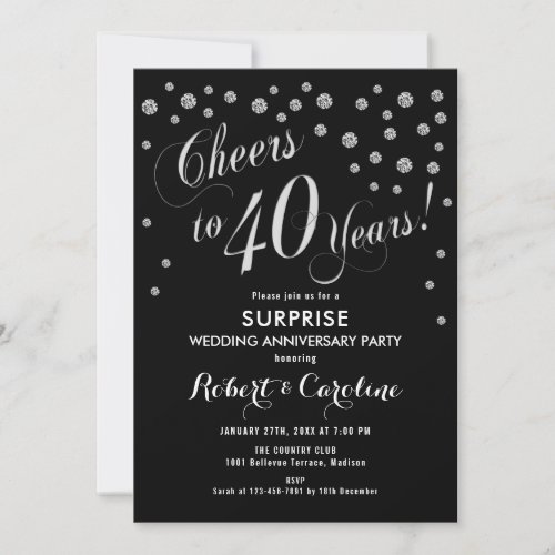 Surprise 40th Wedding Anniversary _ Black  Silver Invitation