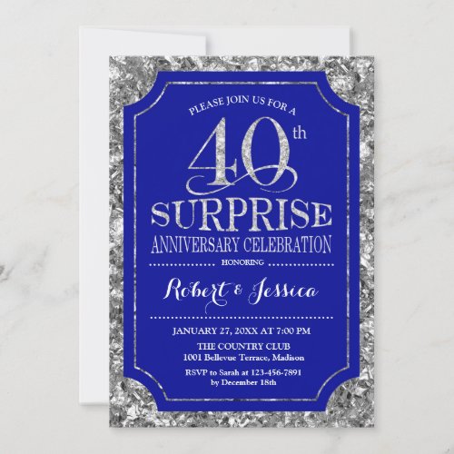 Surprise 40th Wedding Anniversary _ Blue Silver Invitation