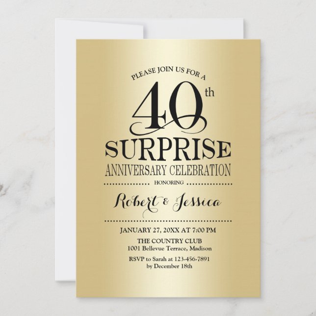 Surprise 40th Wedding Anniversary - Gold Invitation (Front)