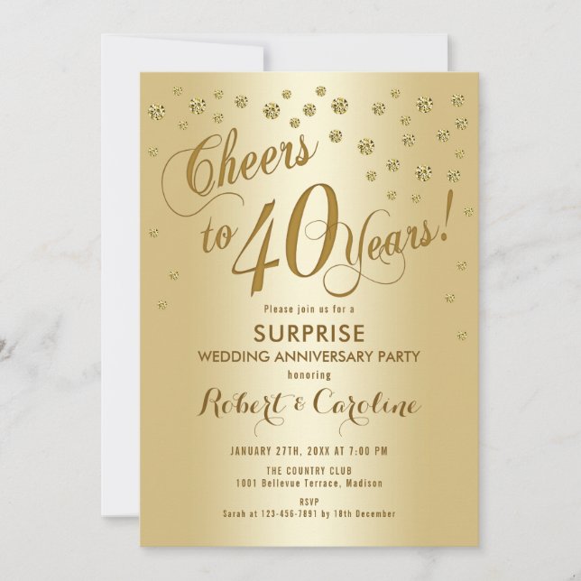 Surprise 40th Wedding Anniversary - Gold Invitation (Front)