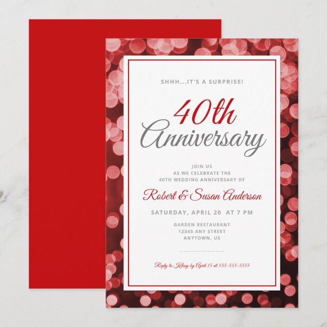 Surprise 40th Wedding Anniversary | Red Bokeh Invitation (Front/Back)