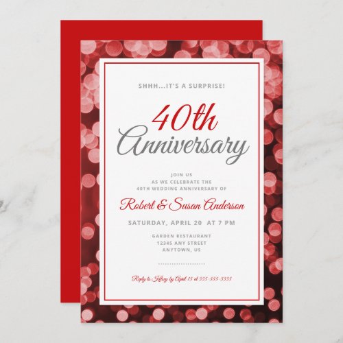 Surprise 40th Wedding Anniversary  Red Bokeh Invitation