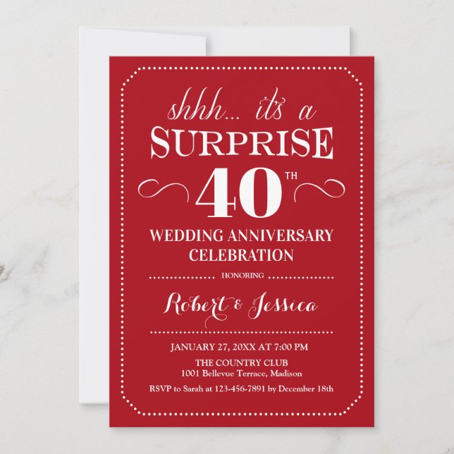Surprise 40th Wedding Anniversary - Ruby Red Invitation (Front)