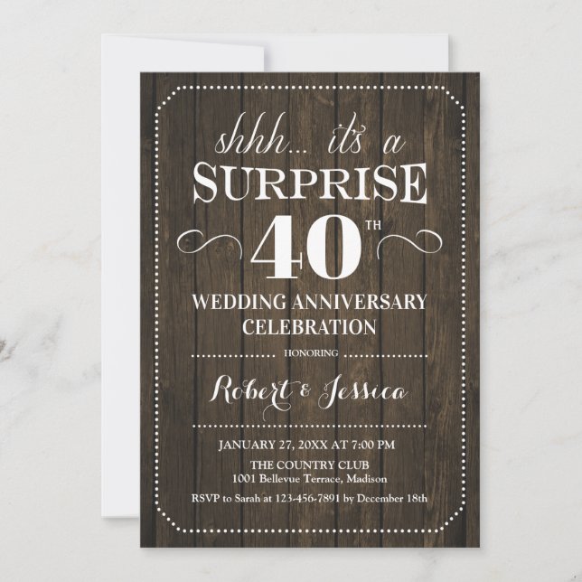 Surprise 40th Wedding Anniversary - Rustic Wood Invitation (Front)
