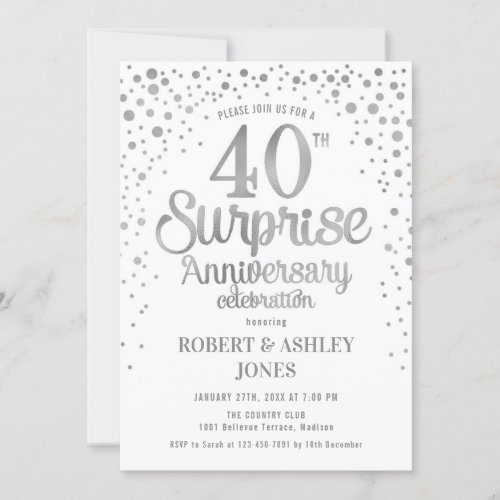 Surprise 40th Wedding Anniversary _ Silver  White Invitation