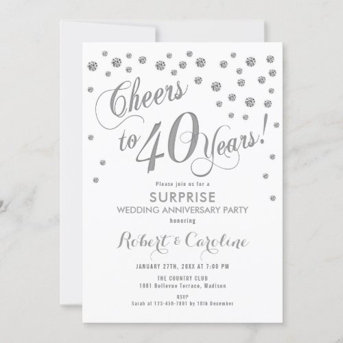Surprise 40th Wedding Anniversary _ White  Silver Invitation