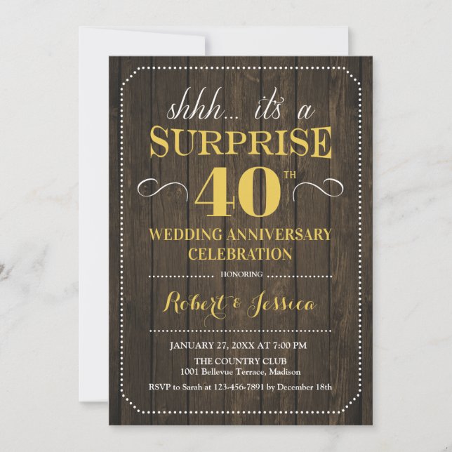 Surprise 40th Wedding Anniversary - Wood Gold Invitation (Front)