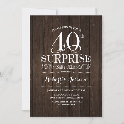 Surprise 40th Wedding Anniversary Wood Invitation