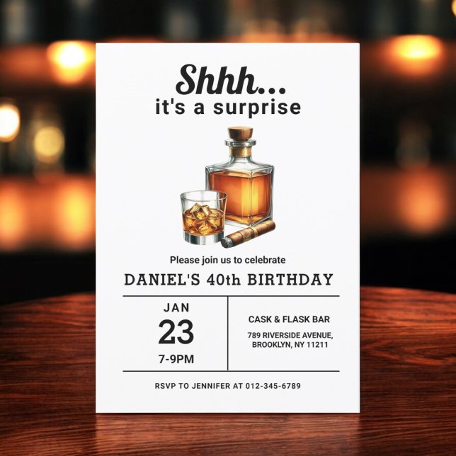 Surprise 40th Whiskey Cigar Bourbon Birthday Party Invitation (Creator Uploaded)