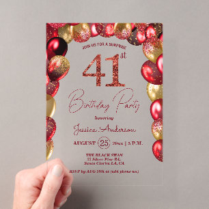 Surprise 41st Birthday Party Gold Burgundy Glitter Acrylic Invitations