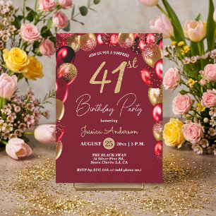 Surprise 41st Birthday Party Gold Burgundy Glitter Invitation